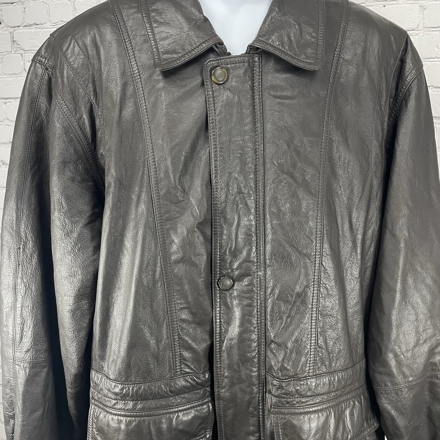 Members Only Brown Leather Zipped Snap Jacket Lined Pockets Collared Size XLT