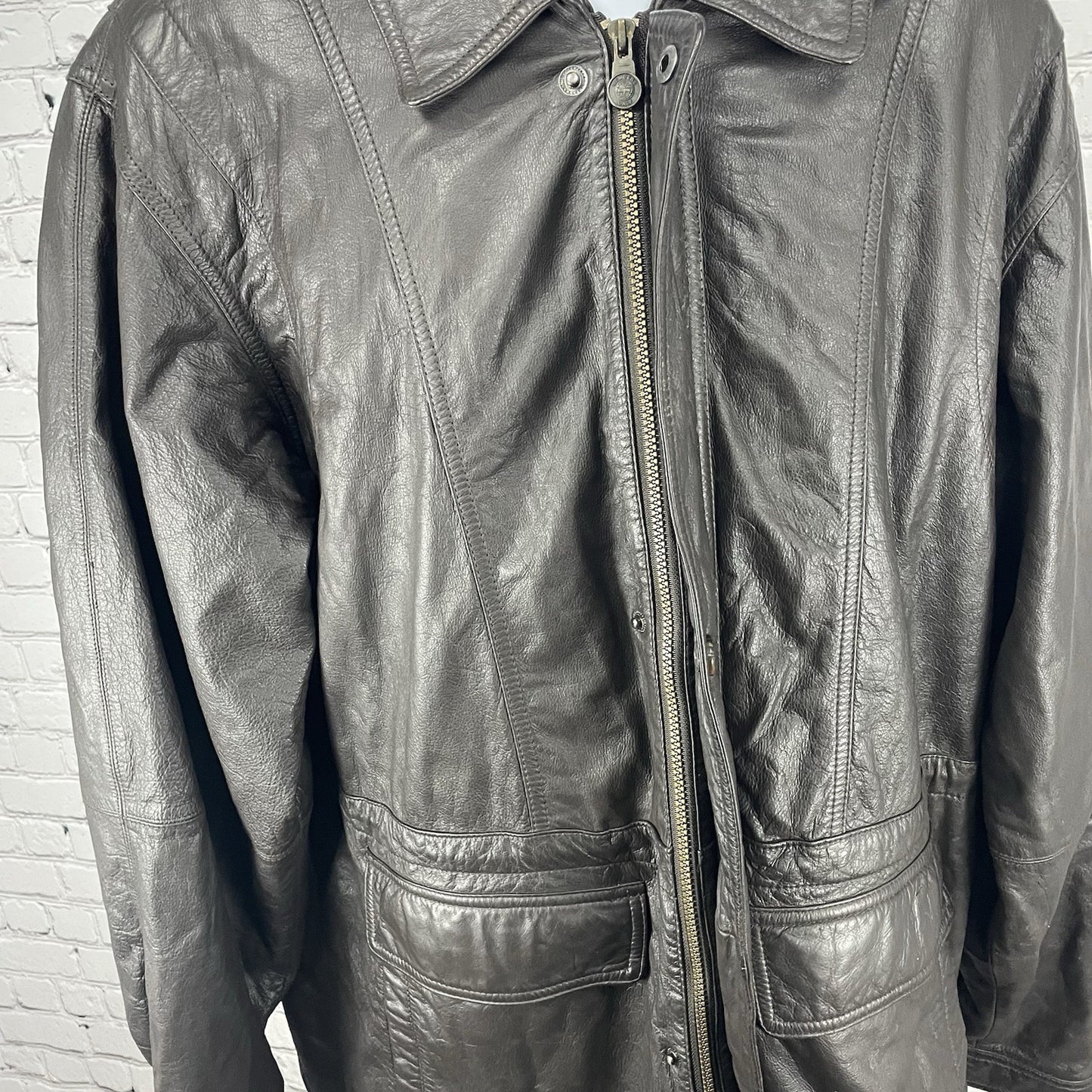 Members Only Brown Leather Zipped Snap Jacket Lined Pockets Collared Size XLT