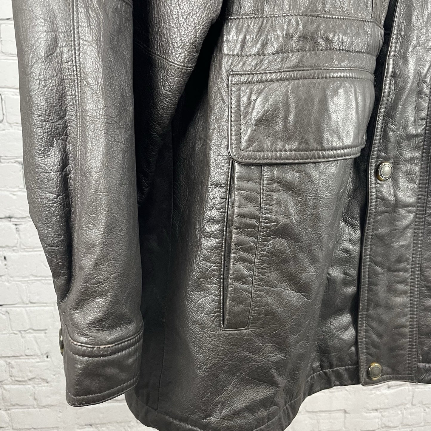Members Only Brown Leather Zipped Snap Jacket Lined Pockets Collared Size XLT