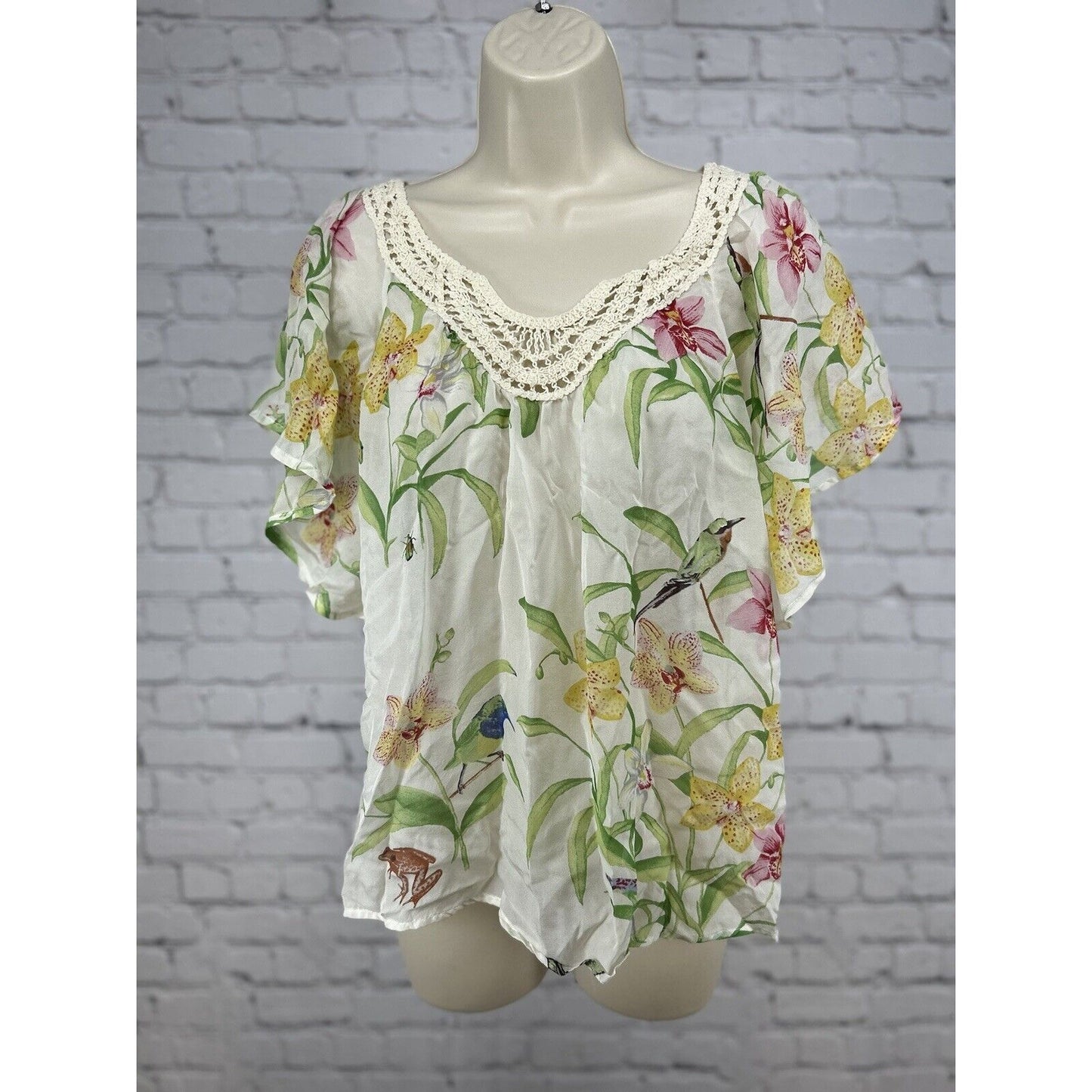 Anthropologie Floreat Floral Drop Shoulder Crochet Neckline Flowy Top Size S