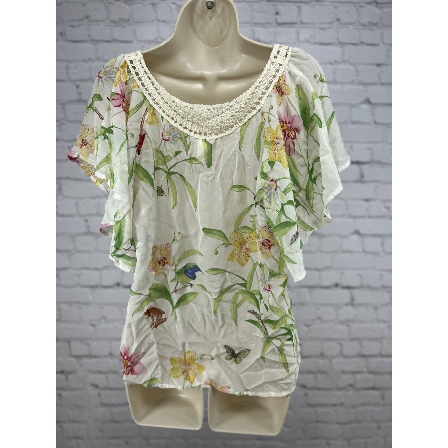 Anthropologie Floreat Floral Drop Shoulder Crochet Neckline Flowy Top Size S