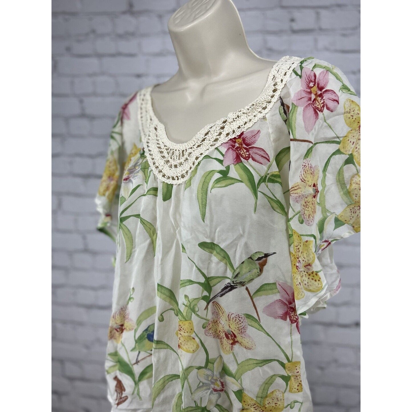Anthropologie Floreat Floral Drop Shoulder Crochet Neckline Flowy Top Size S