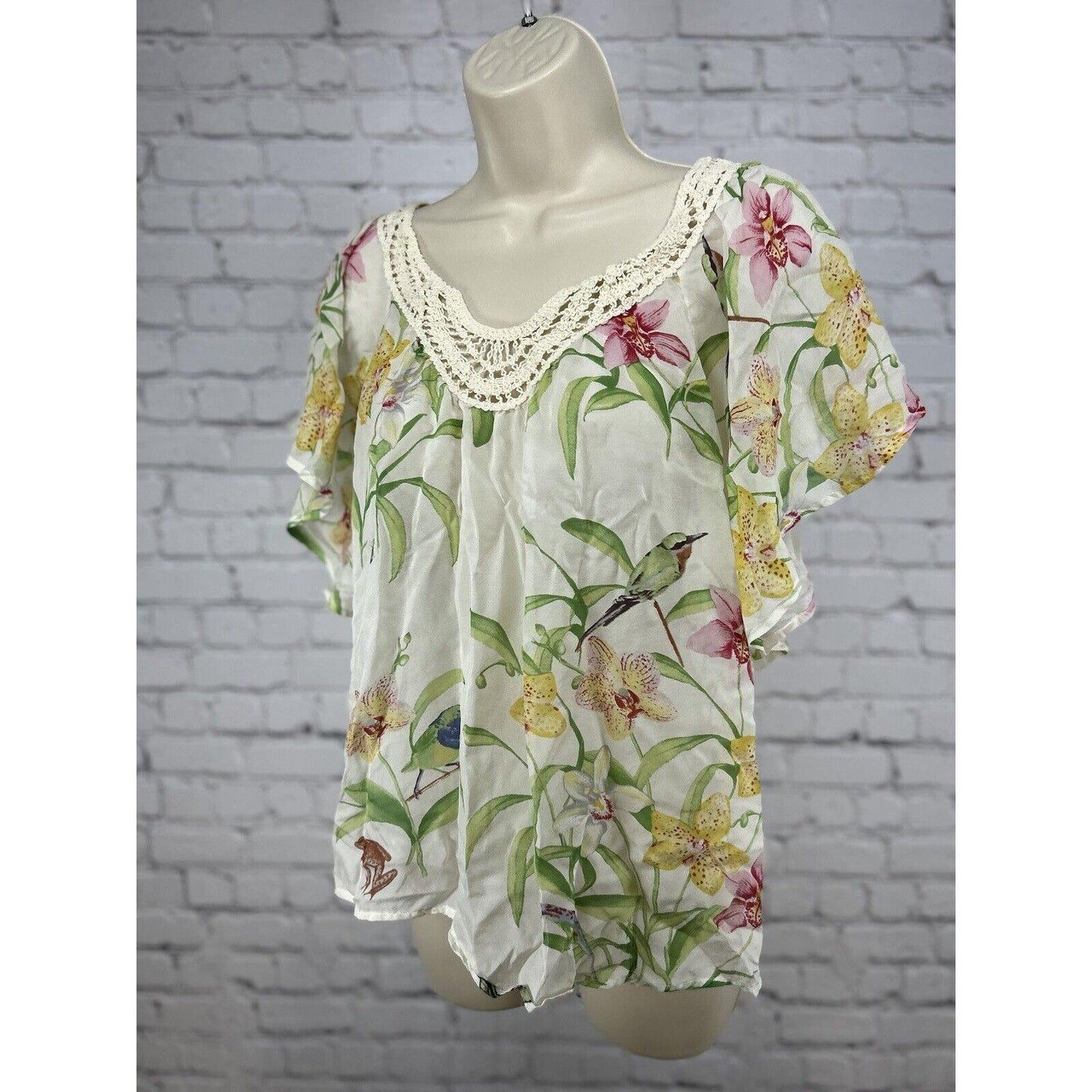Anthropologie Floreat Floral Drop Shoulder Crochet Neckline Flowy Top Size S