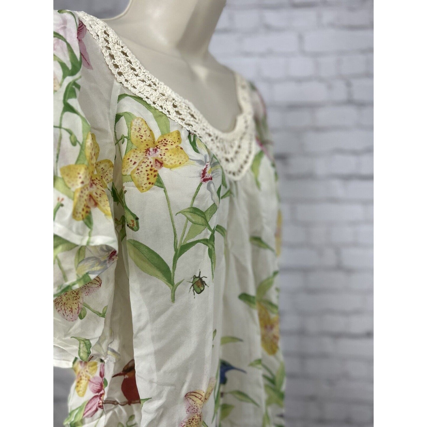 Anthropologie Floreat Floral Drop Shoulder Crochet Neckline Flowy Top Size S