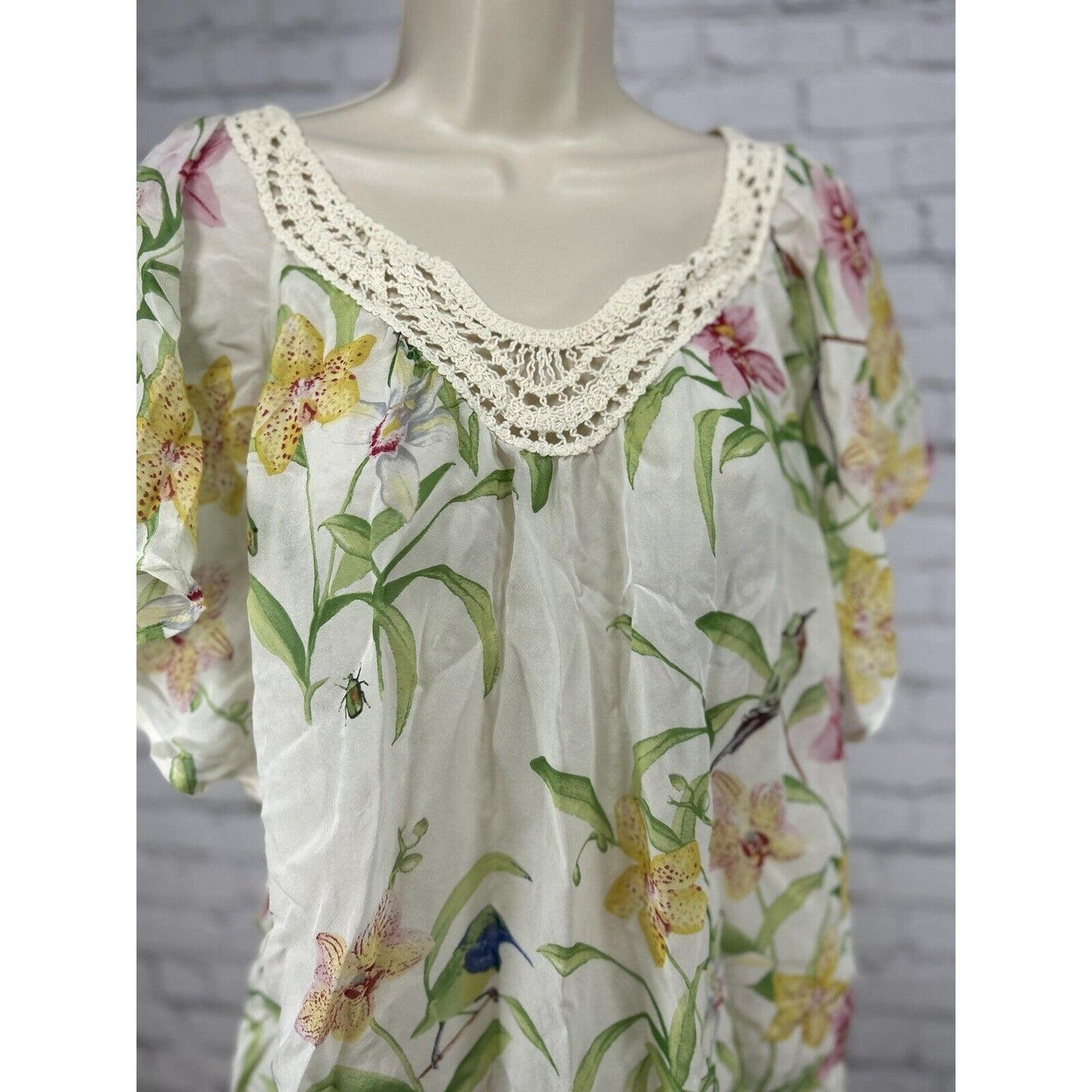 Anthropologie Floreat Floral Drop Shoulder Crochet Neckline Flowy Top Size S