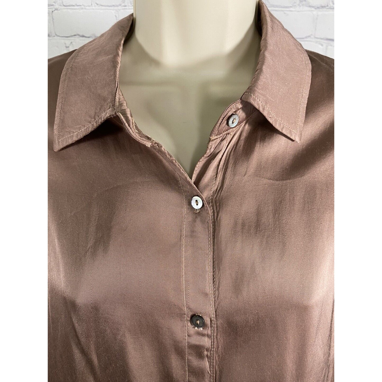 Michael Stars Brown Silky Oyster Shell Button Up Long Sleeve Blouse Womens S