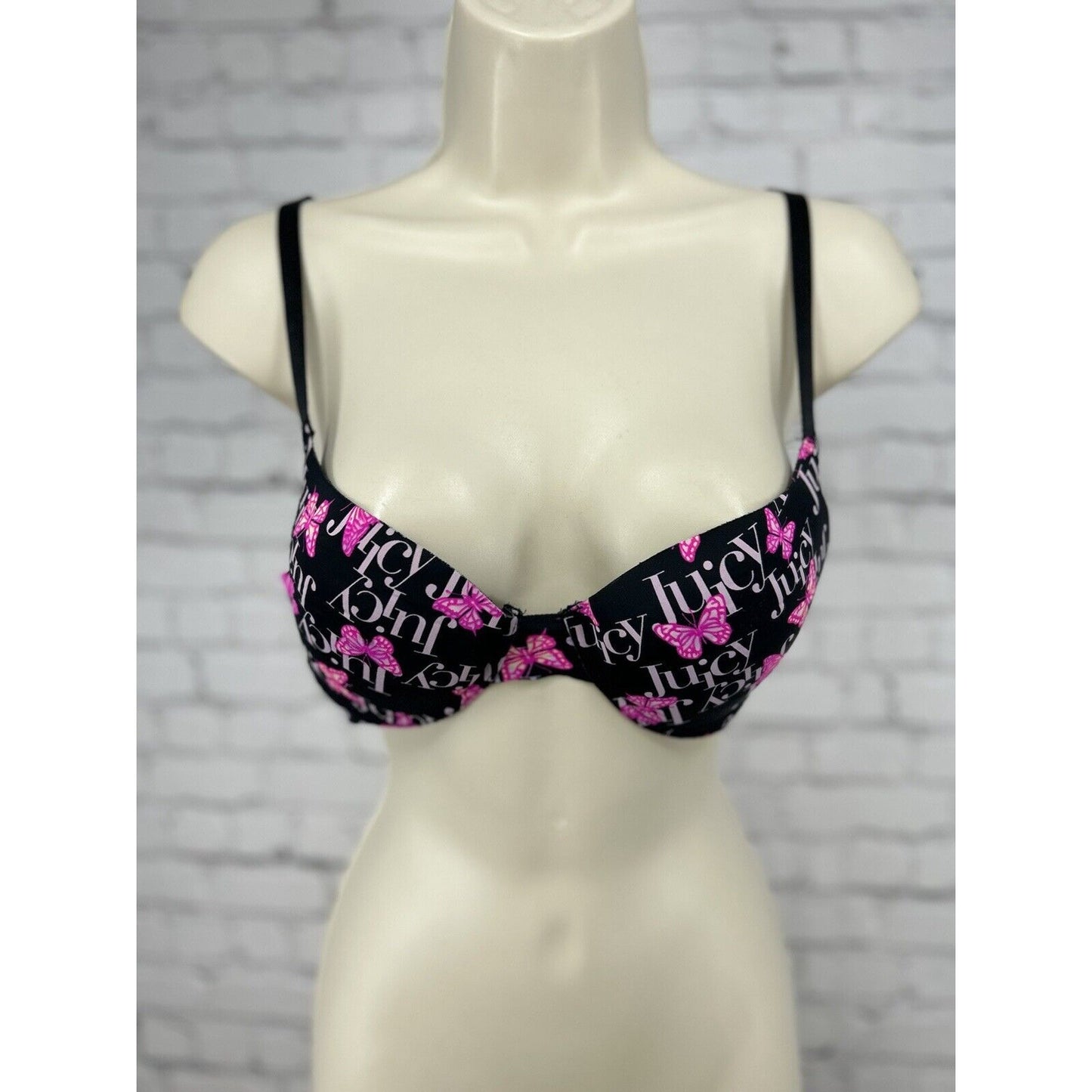 Juicy Couture Butterfly Black Underwire Plunge Push Up Padded Adjustable Bra 34B