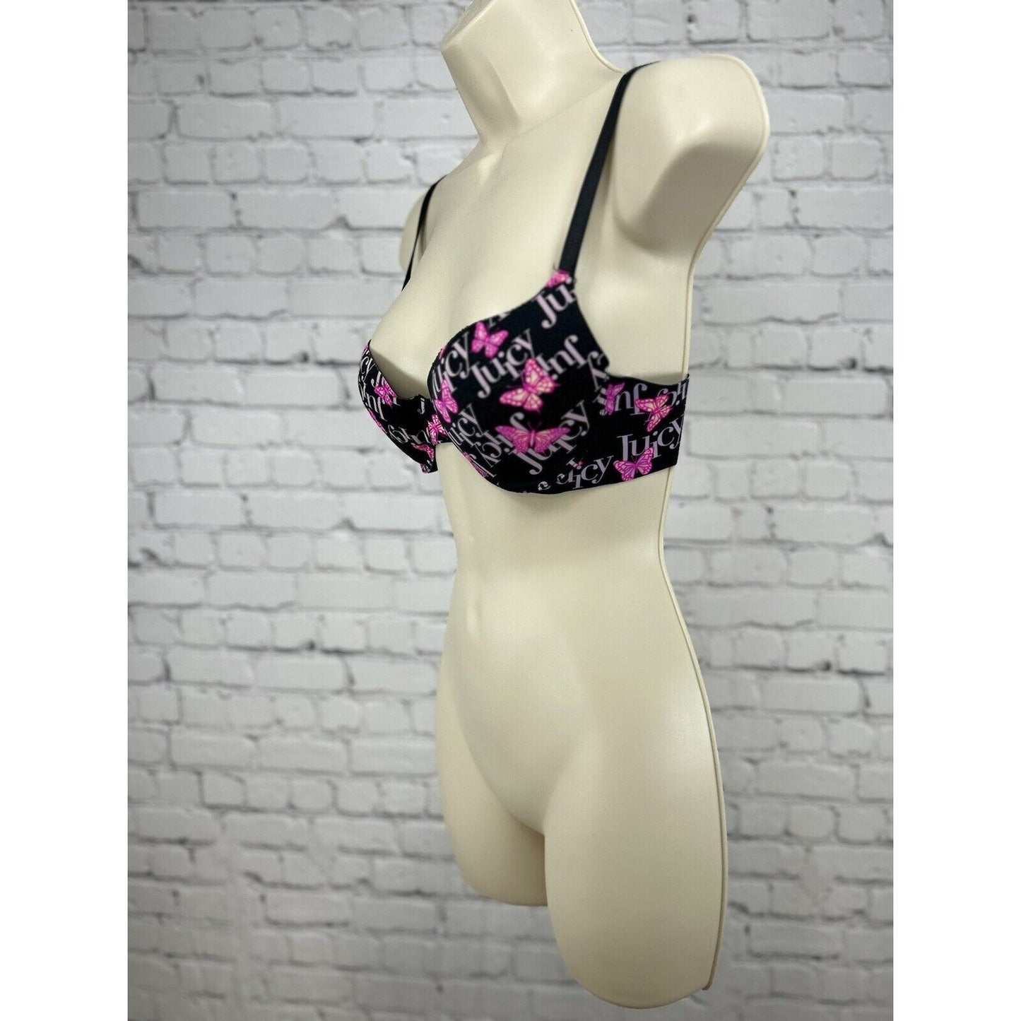 Juicy Couture Butterfly Black Underwire Plunge Push Up Padded Adjustable Bra 34B