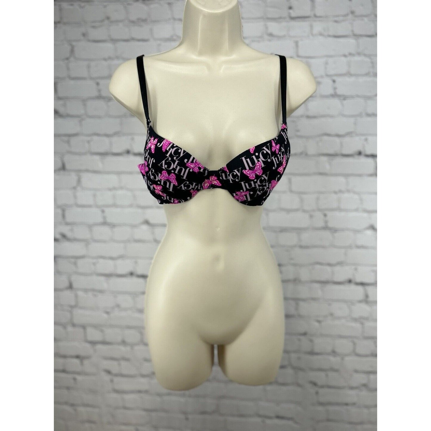 Juicy Couture Butterfly Black Underwire Plunge Push Up Padded Adjustable Bra 34B
