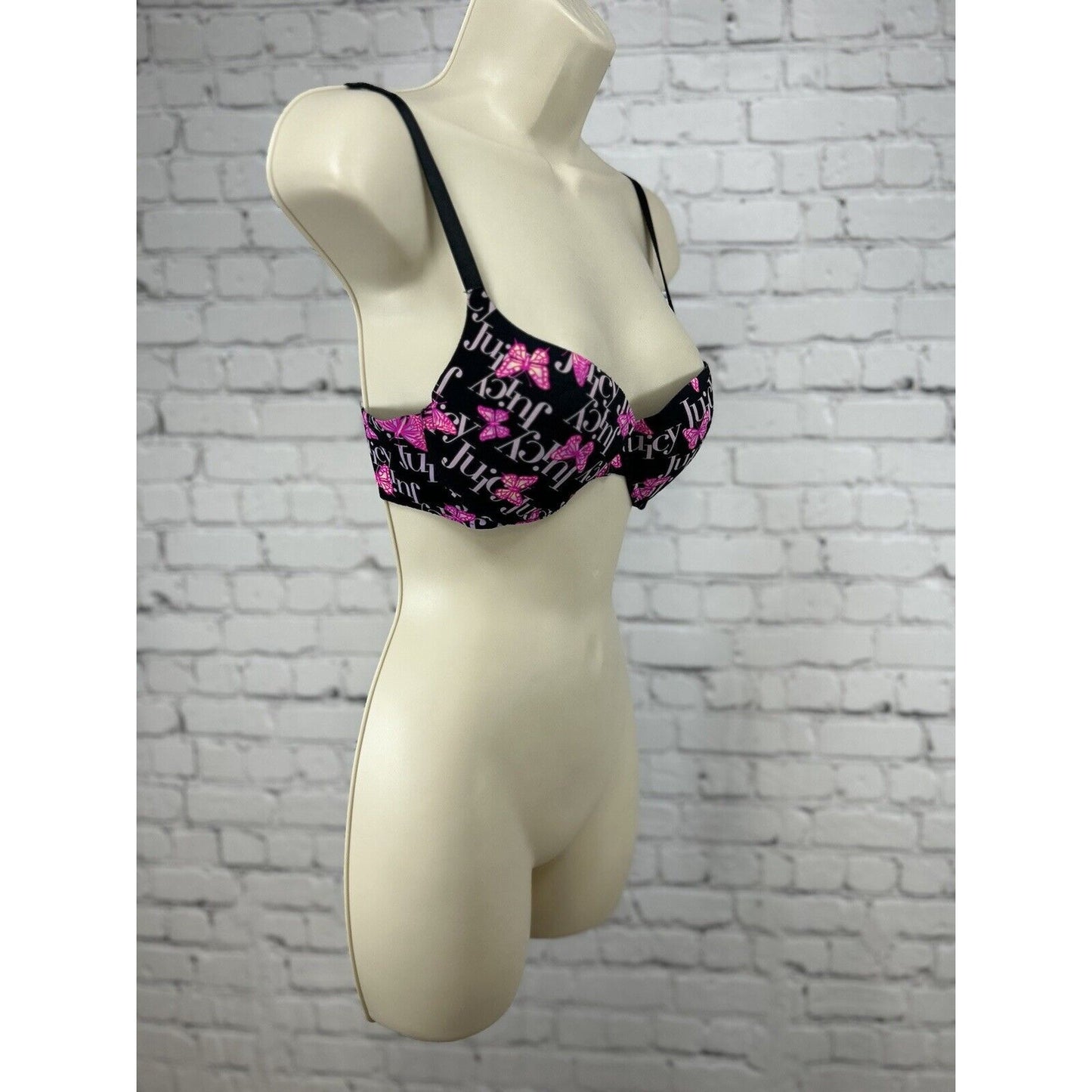 Juicy Couture Butterfly Black Underwire Plunge Push Up Padded Adjustable Bra 34B
