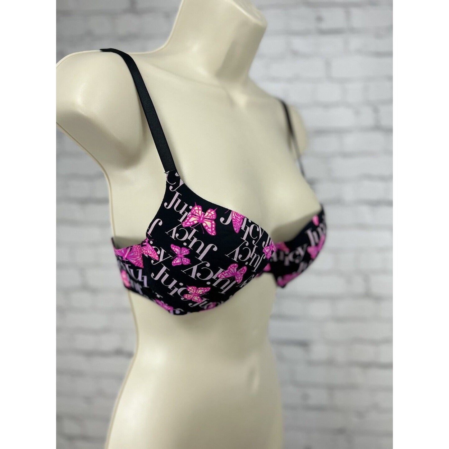Juicy Couture Butterfly Black Underwire Plunge Push Up Padded Adjustable Bra 34B