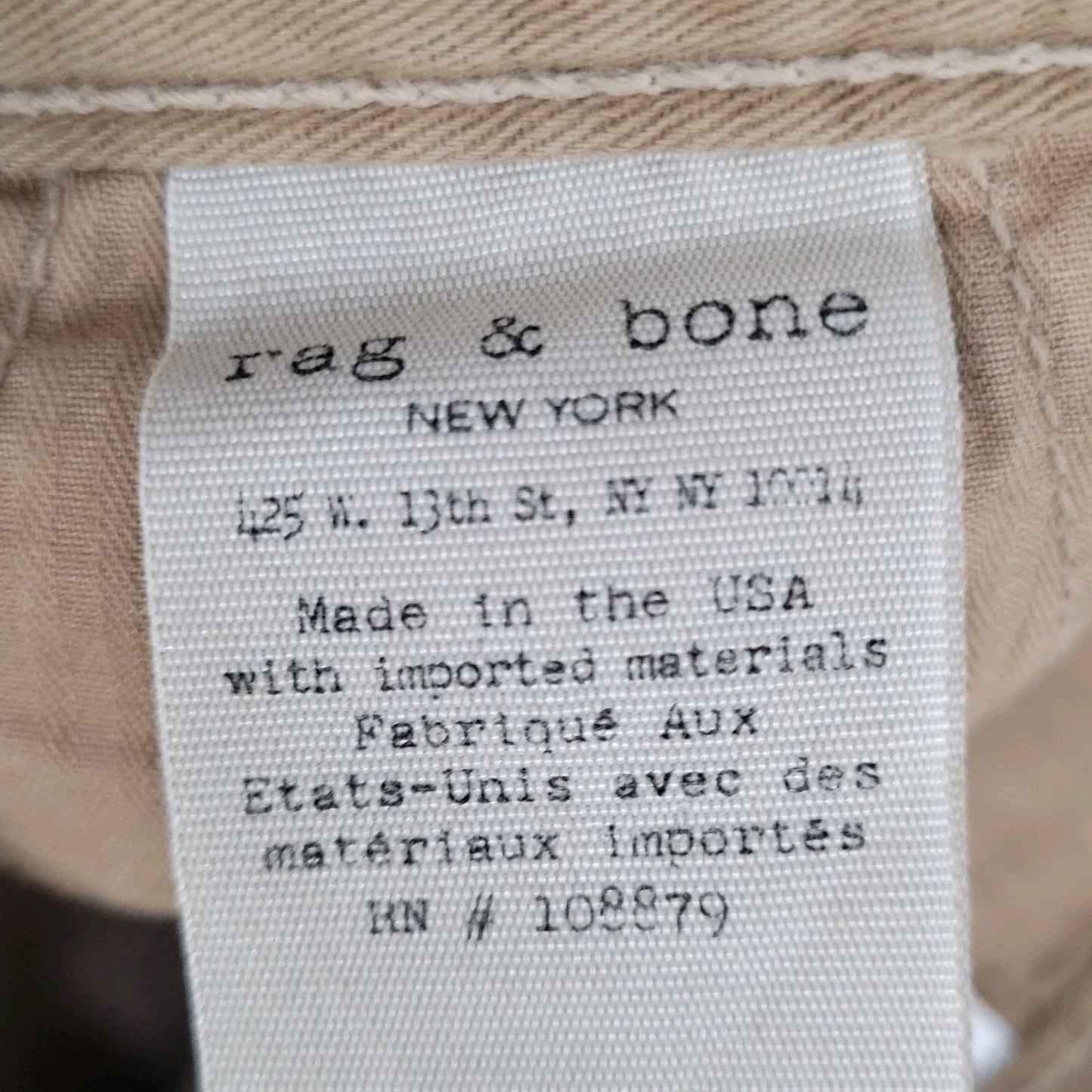 Rag & Bone Standard Issue Khaki 100% Cotton Chino Pants USA Made Size 36 (36x34)
