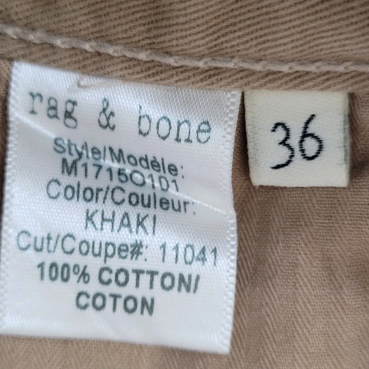Rag & Bone Standard Issue Khaki 100% Cotton Chino Pants USA Made Size 36 (36x34)