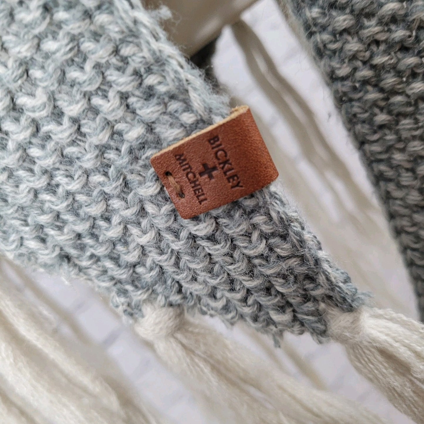 Bickley + Mitchell Grey Wool Blend Chunky Knit Tassle Fringe Boho Shawl Wrap O/S