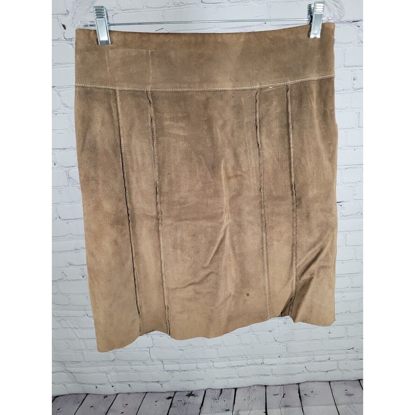 Ann Taylor 100% Leather Tan Suede Short Pencil Lined Pleated Skirt Womens Size 8