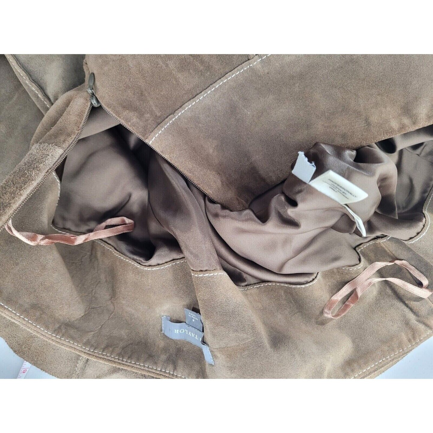 Ann Taylor 100% Leather Tan Suede Short Pencil Lined Pleated Skirt Womens Size 8