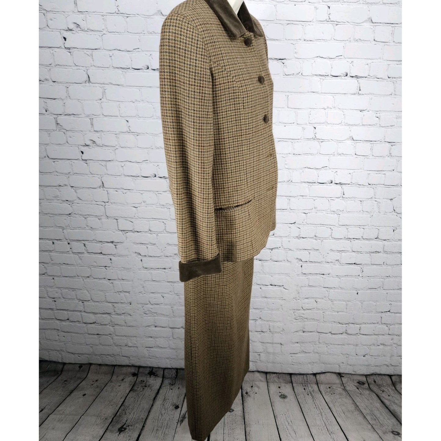 VTG Breeches Brown Wool Alpaca Houndstooth Velvet Trim Jacket Skirt Set USA 8