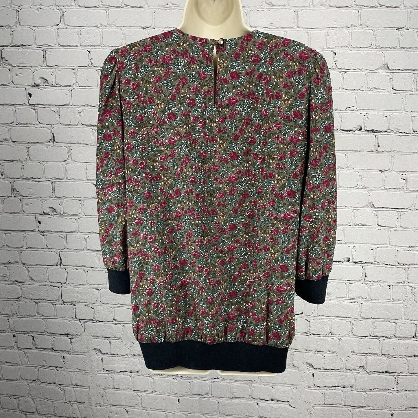 VTG Brenner Green Floral Blouse Top Embroidered 80’s Flowy Made In US Size 11/12