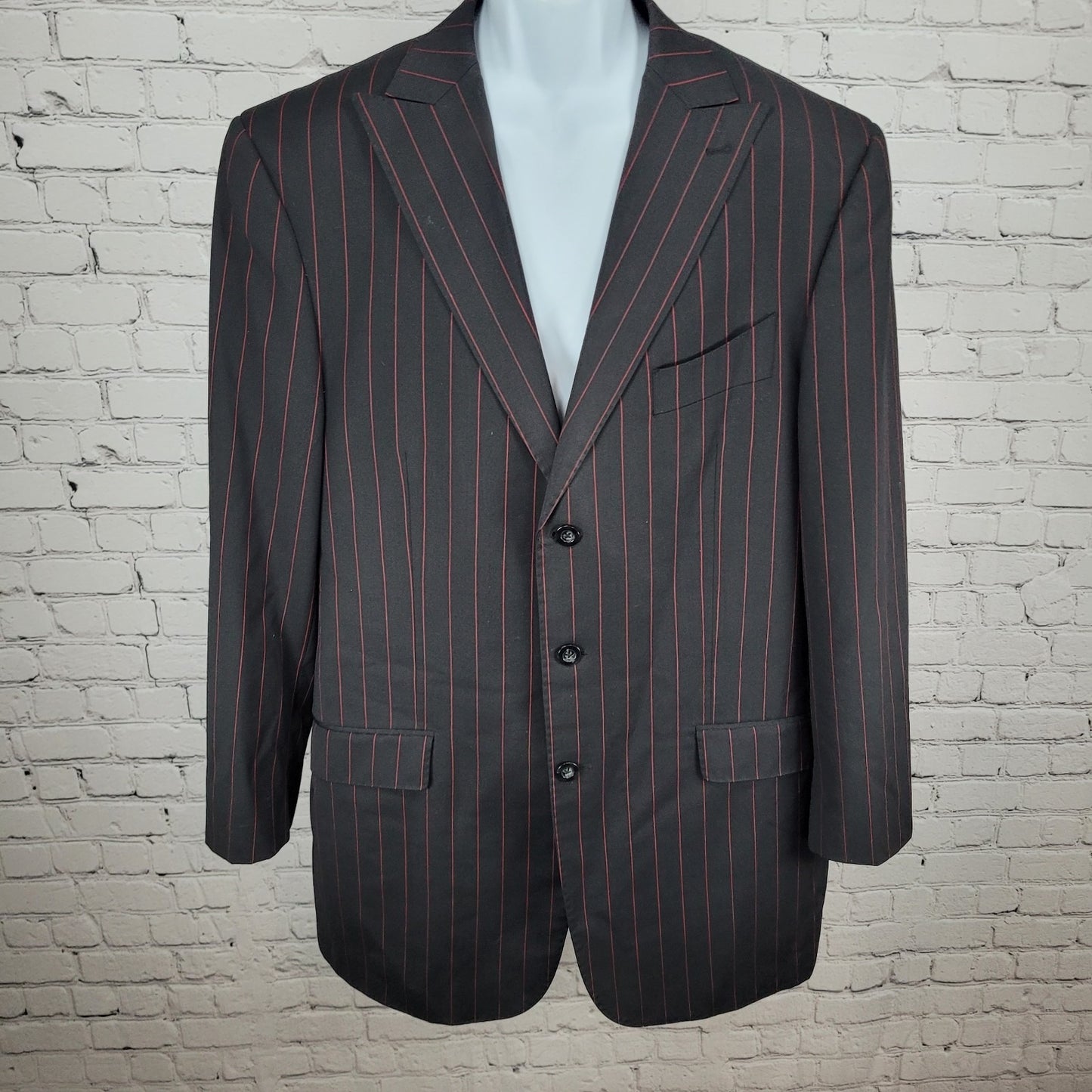 Luciano Carrelo Couture Black Red Striped 100% Wool Super 150's Blazer Size 46L