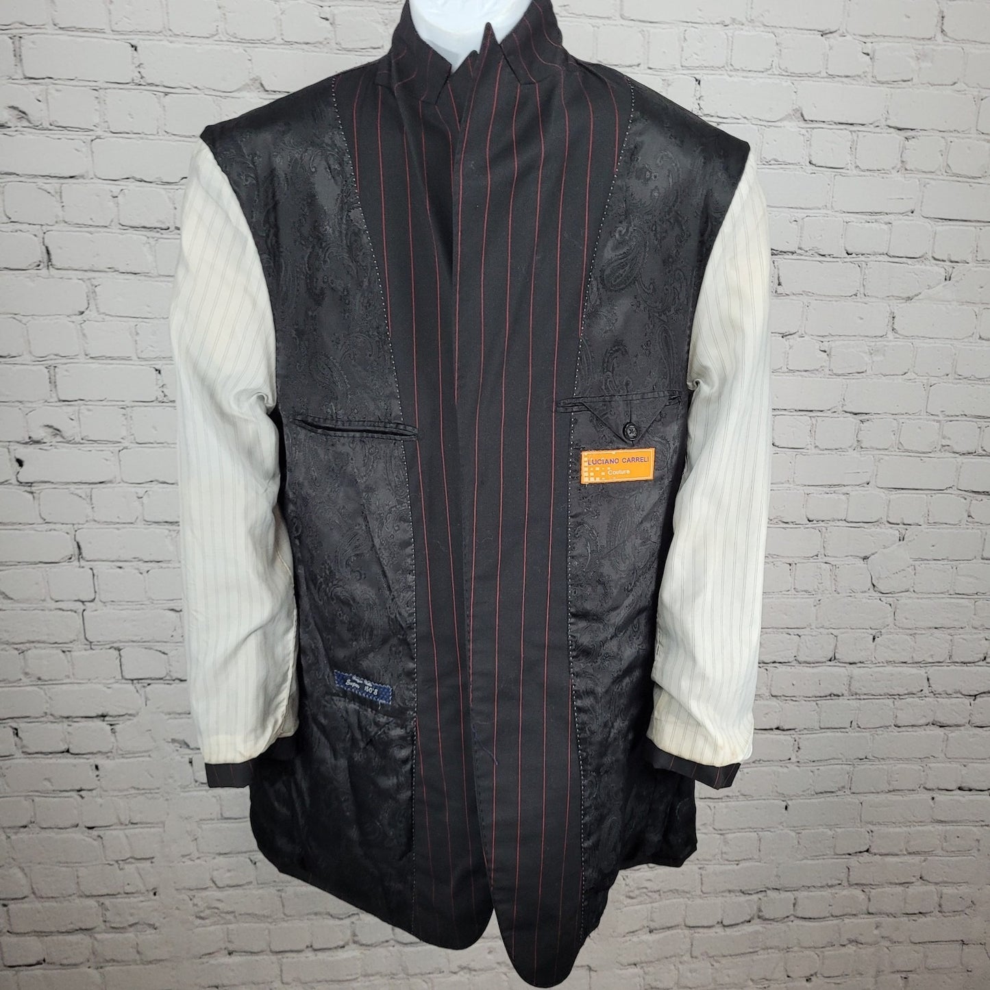 Luciano Carrelo Couture Black Red Striped 100% Wool Super 150's Blazer Size 46L