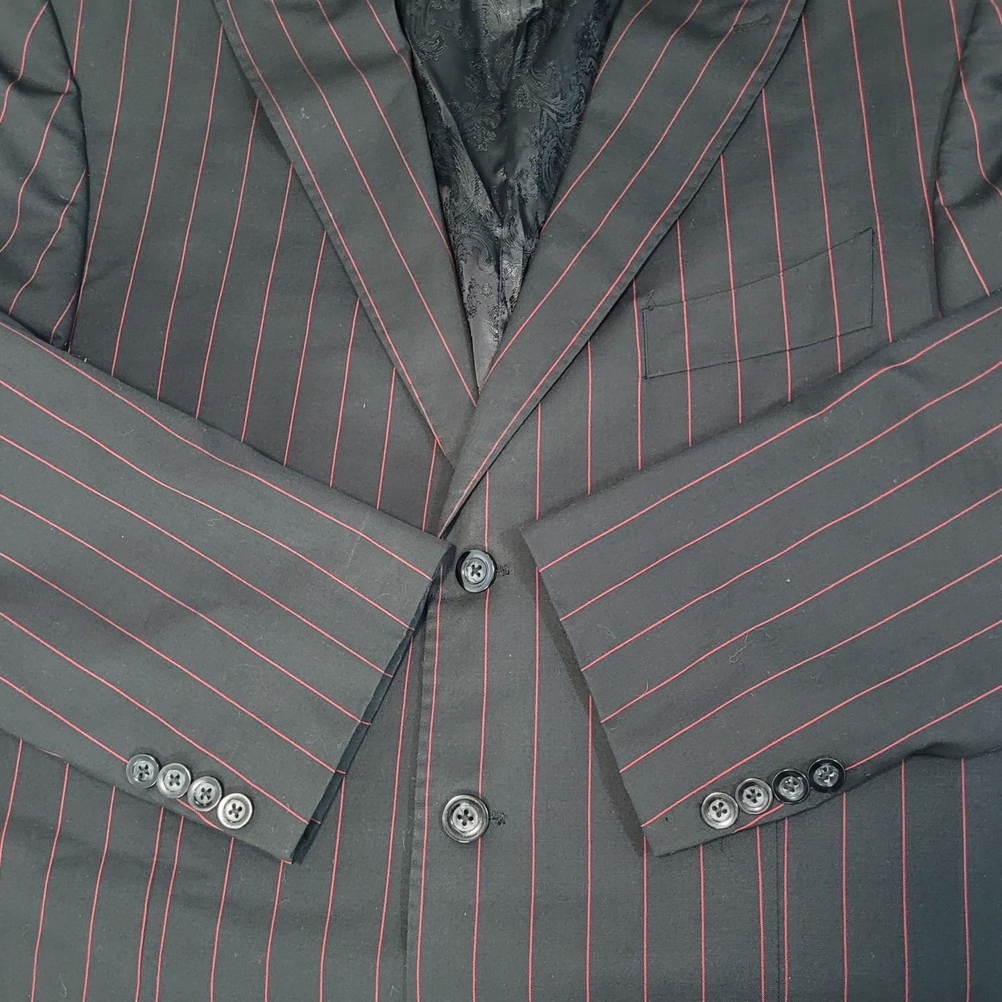 Luciano Carrelo Couture Black Red Striped 100% Wool Super 150's Blazer Size 46L