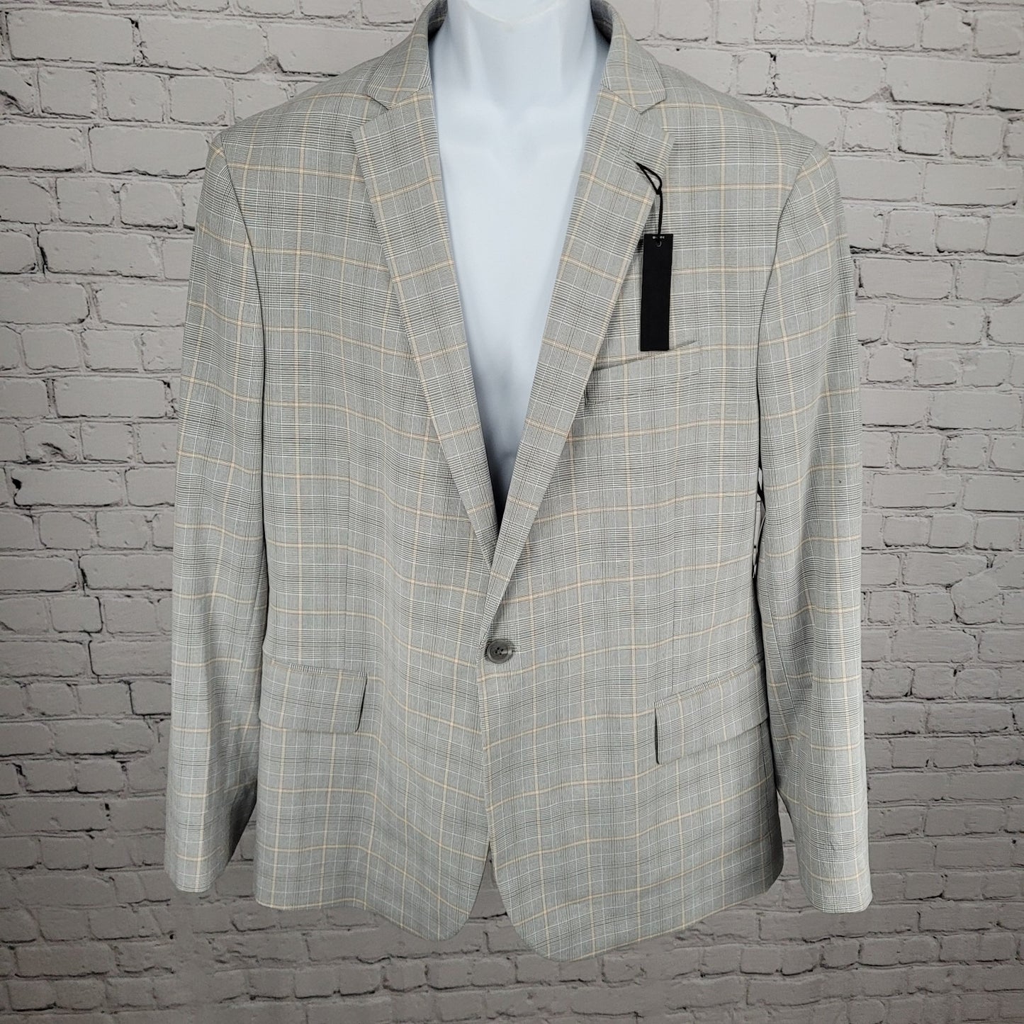 NWT J. Ferrar Gray Tan Plaid Classic Fit 1 Button Blazer Sport Coat Size 46R