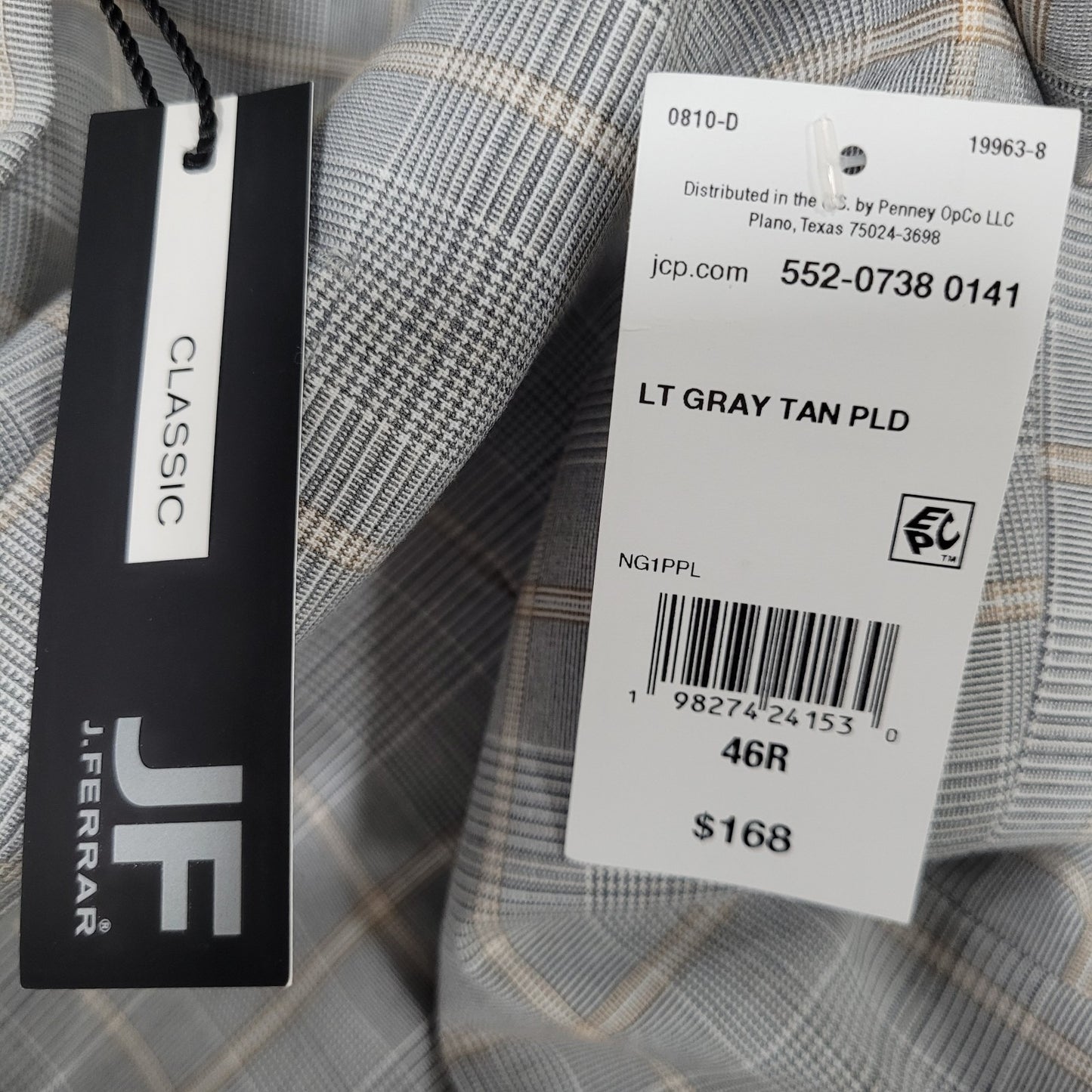 NWT J. Ferrar Gray Tan Plaid Classic Fit 1 Button Blazer Sport Coat Size 46R