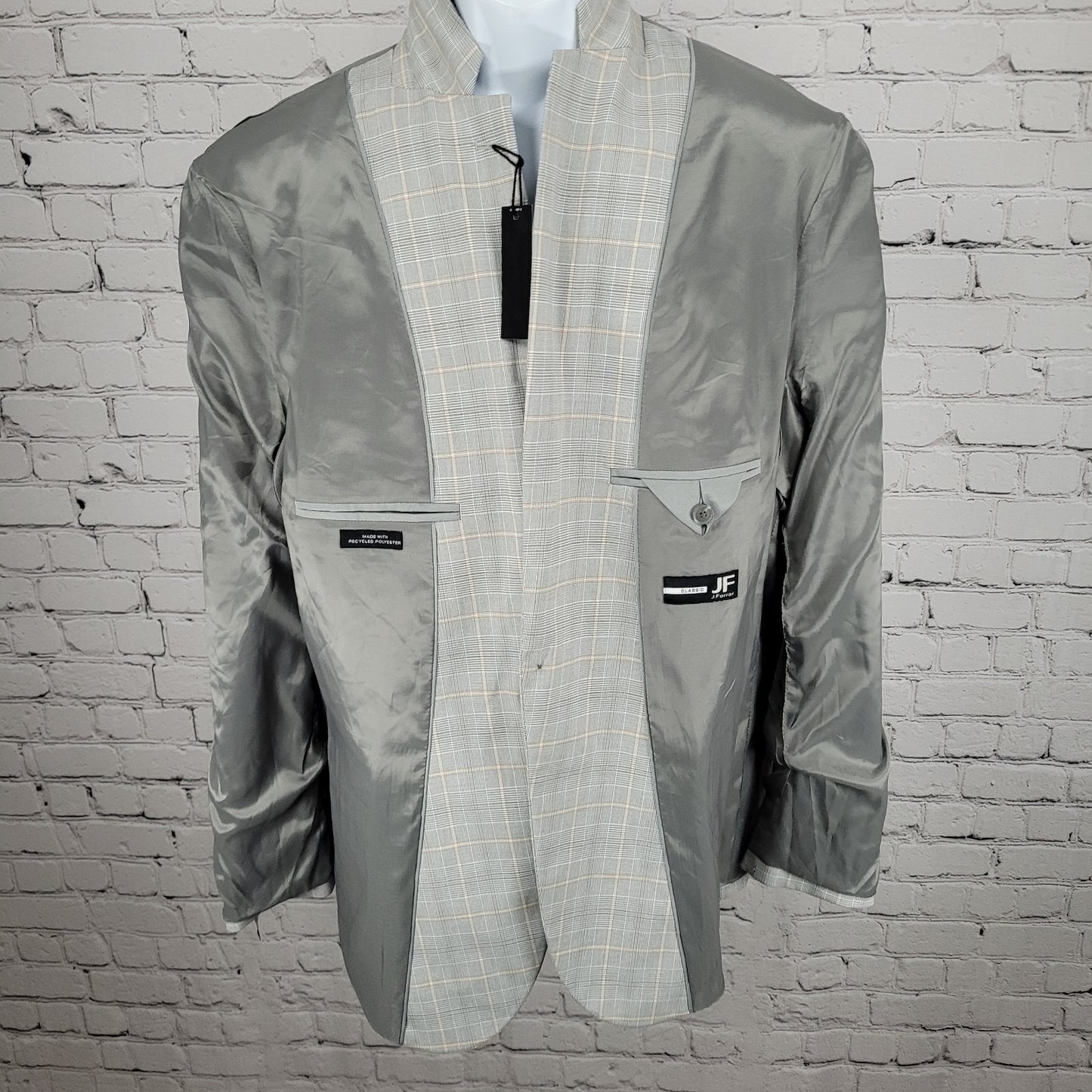 NWT J. Ferrar Gray Tan Plaid Classic Fit 1 Button Blazer Sport Coat Size 46R