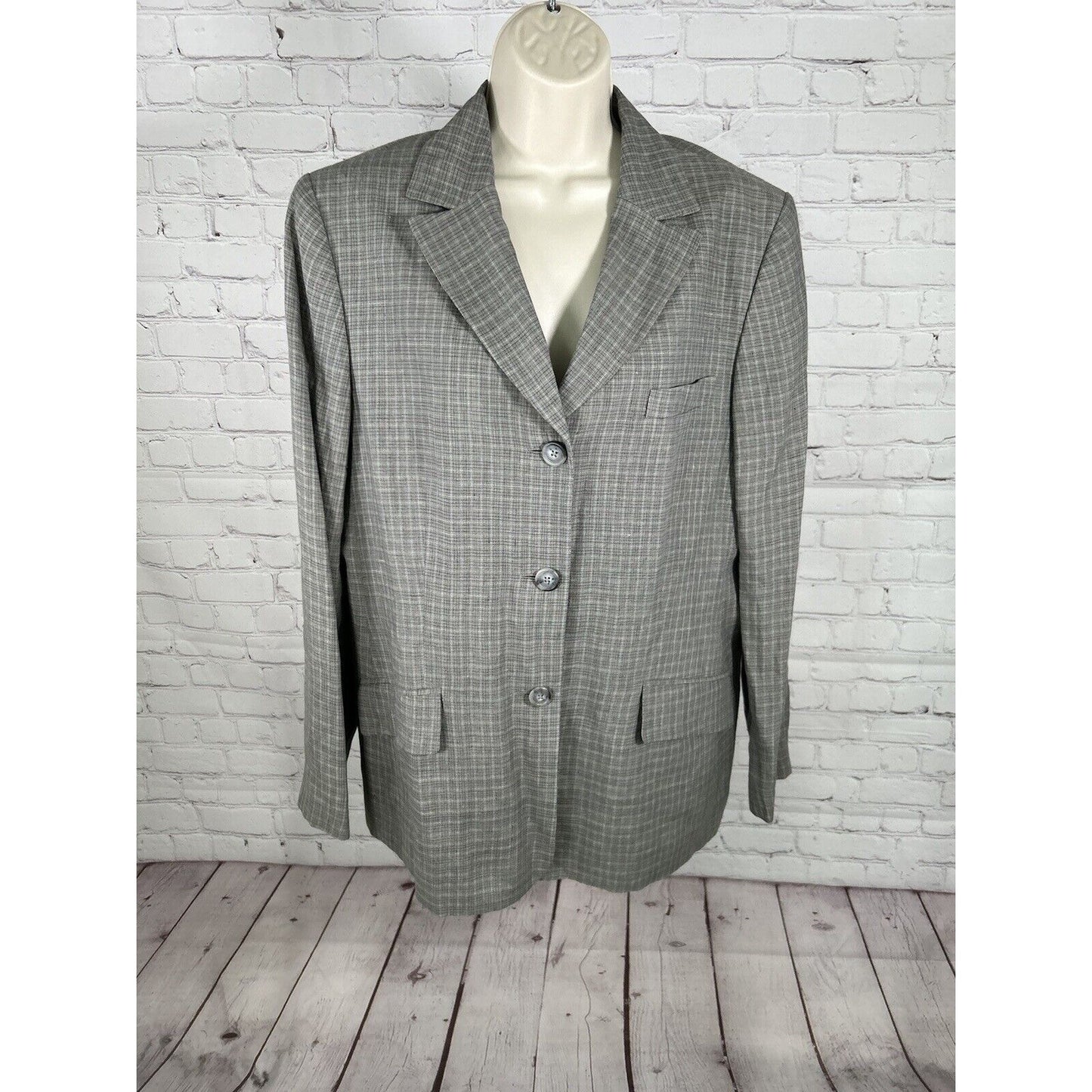 Brooks Brothers Gray Plaid 100% Linen Three Button Blazer Jacket Women’s Size 16