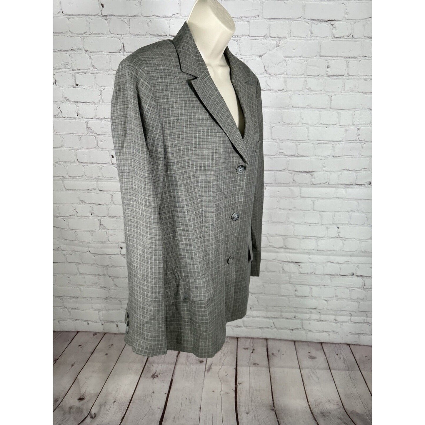 Brooks Brothers Gray Plaid 100% Linen Three Button Blazer Jacket Women’s Size 16