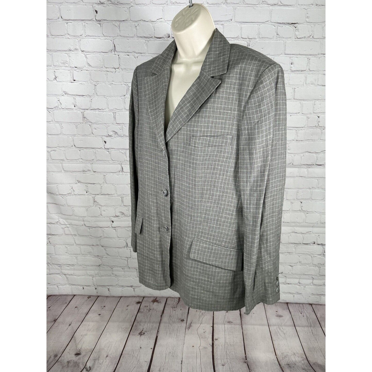 Brooks Brothers Gray Plaid 100% Linen Three Button Blazer Jacket Women’s Size 16