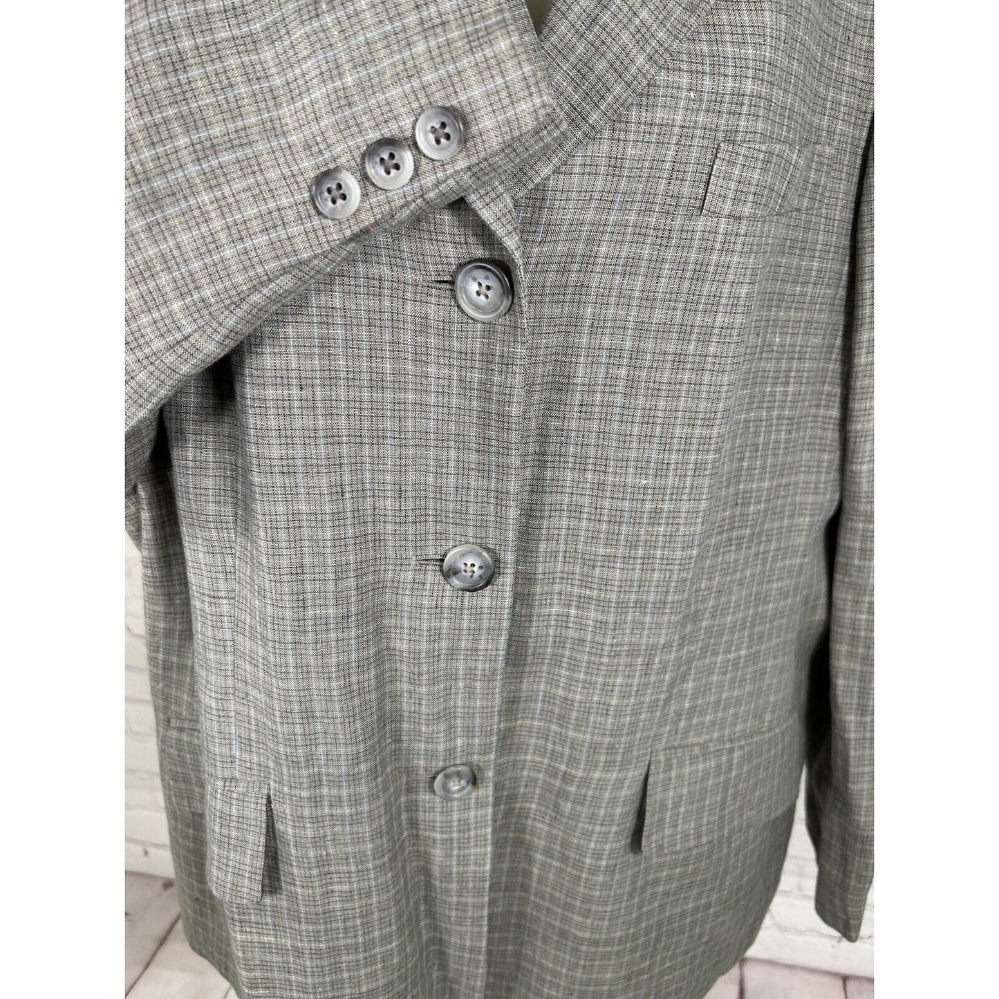 Brooks Brothers Gray Plaid 100% Linen Three Button Blazer Jacket Women’s Size 16