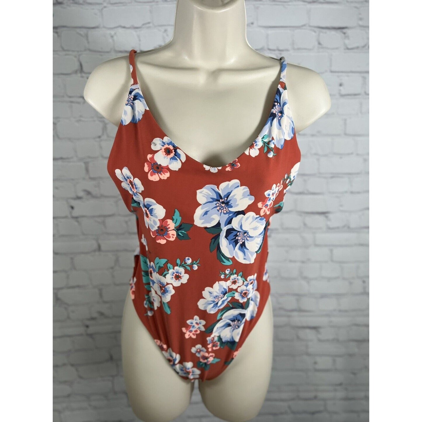 Aerie Orange Floral Print High Waisted Side Cut Outs One Piece Swimsuit Medium