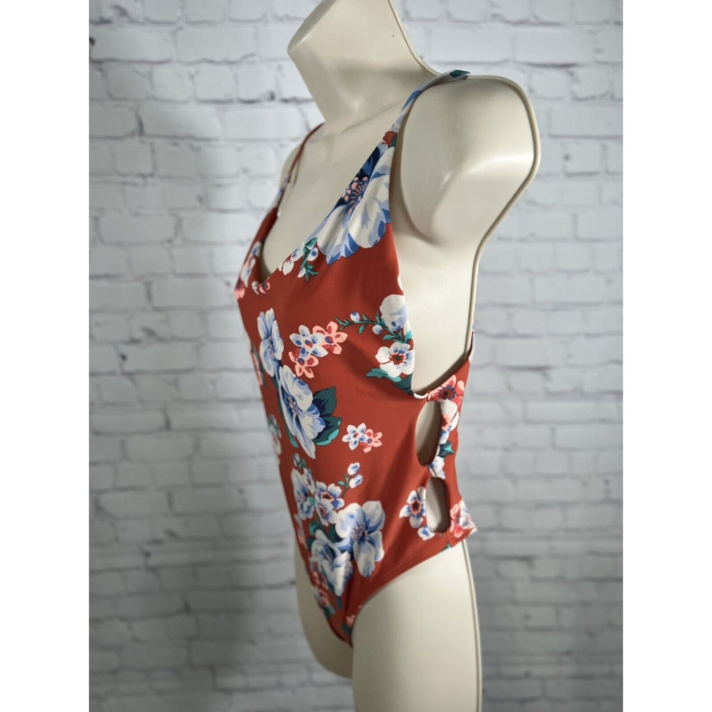 Aerie Orange Floral Print High Waisted Side Cut Outs One Piece Swimsuit Medium