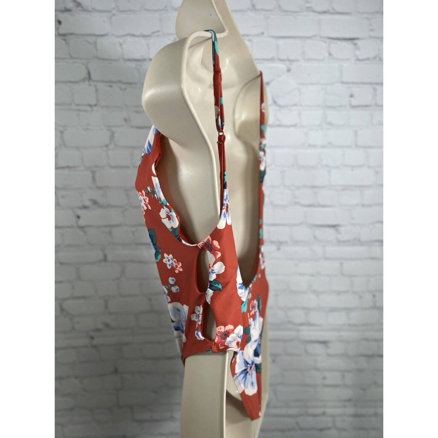 Aerie Orange Floral Print High Waisted Side Cut Outs One Piece Swimsuit Medium