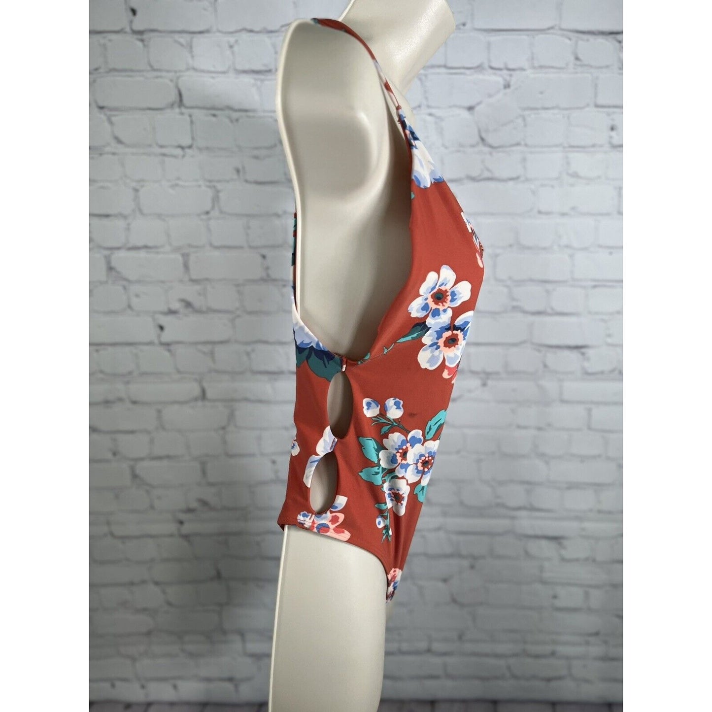 Aerie Orange Floral Print High Waisted Side Cut Outs One Piece Swimsuit Medium