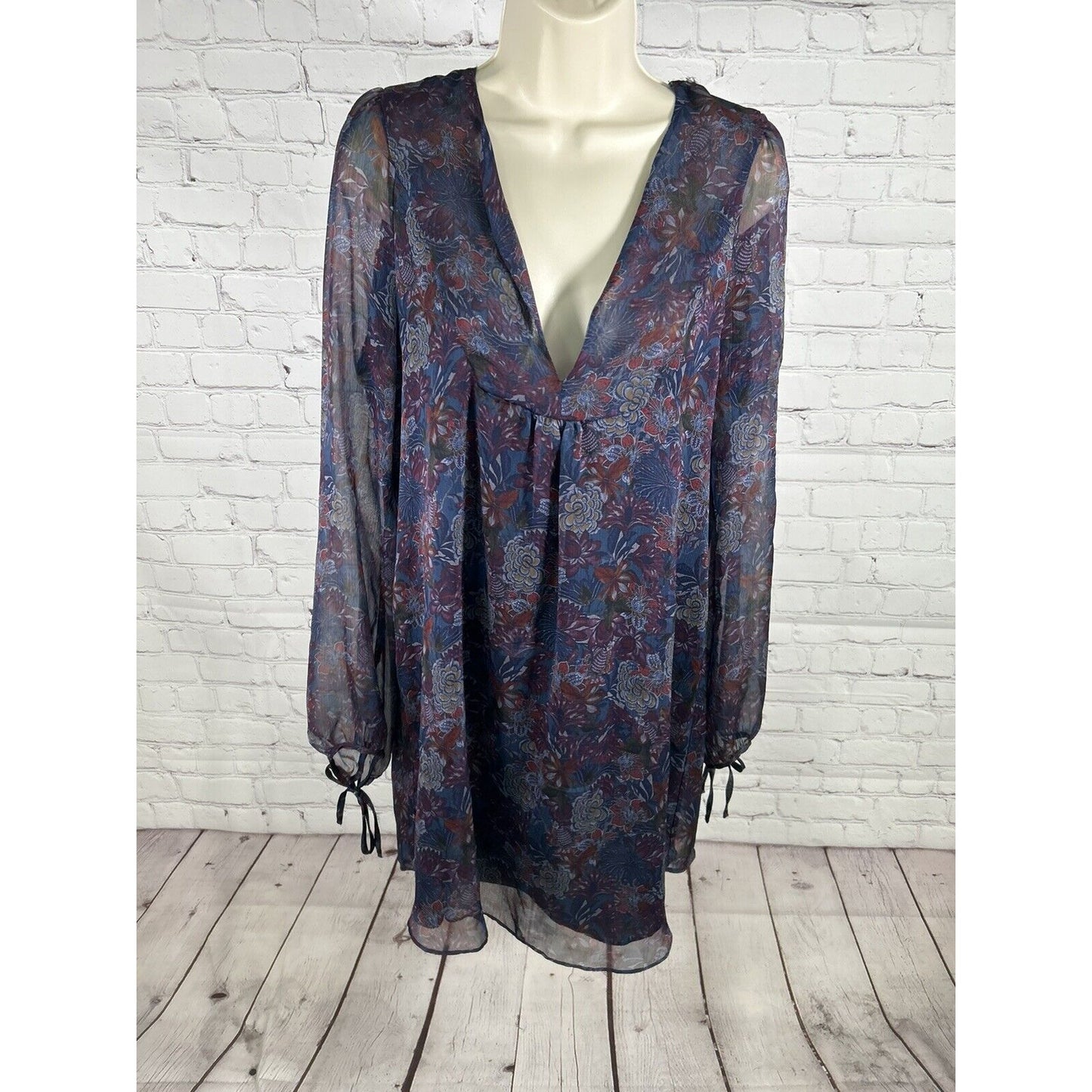 Zara Woman Blue Floral Semi Sheer Long Sleeve Lined V Neck Dress Medium *sm hole