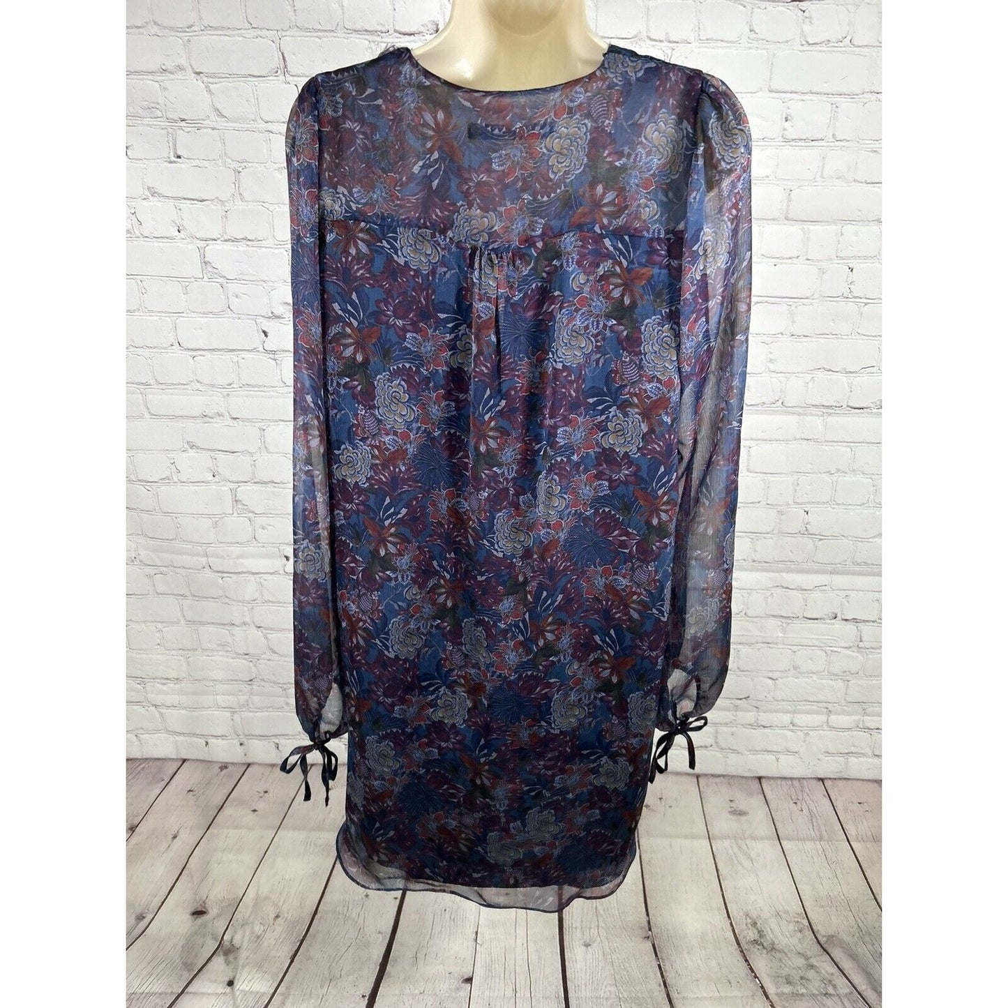 Zara Woman Blue Floral Semi Sheer Long Sleeve Lined V Neck Dress Medium *sm hole