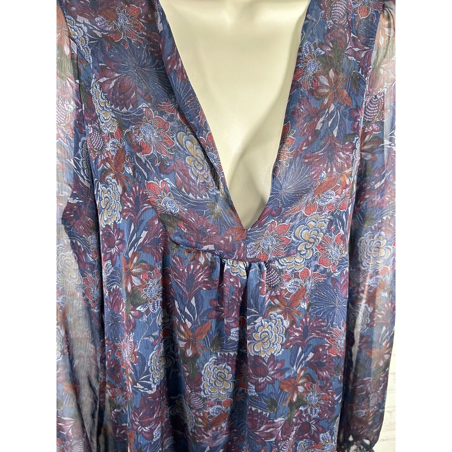 Zara Woman Blue Floral Semi Sheer Long Sleeve Lined V Neck Dress Medium *sm hole