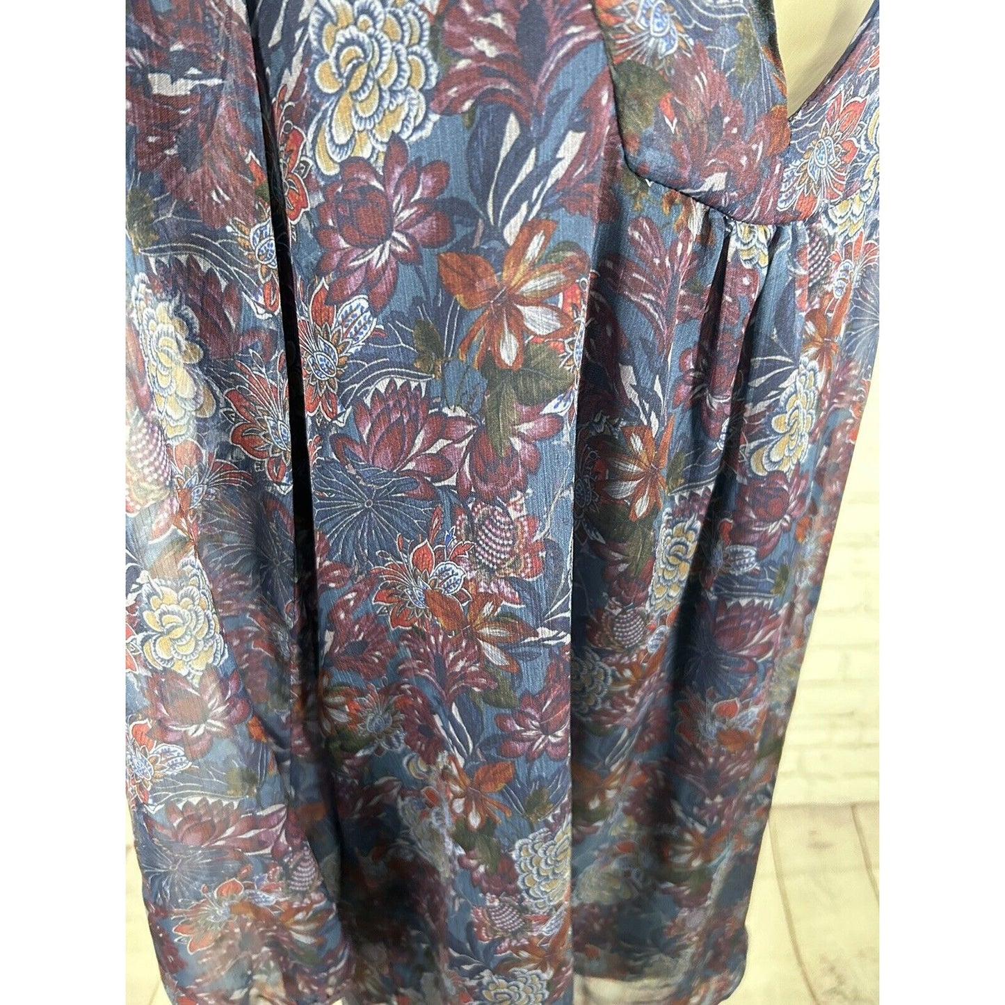Zara Woman Blue Floral Semi Sheer Long Sleeve Lined V Neck Dress Medium *sm hole