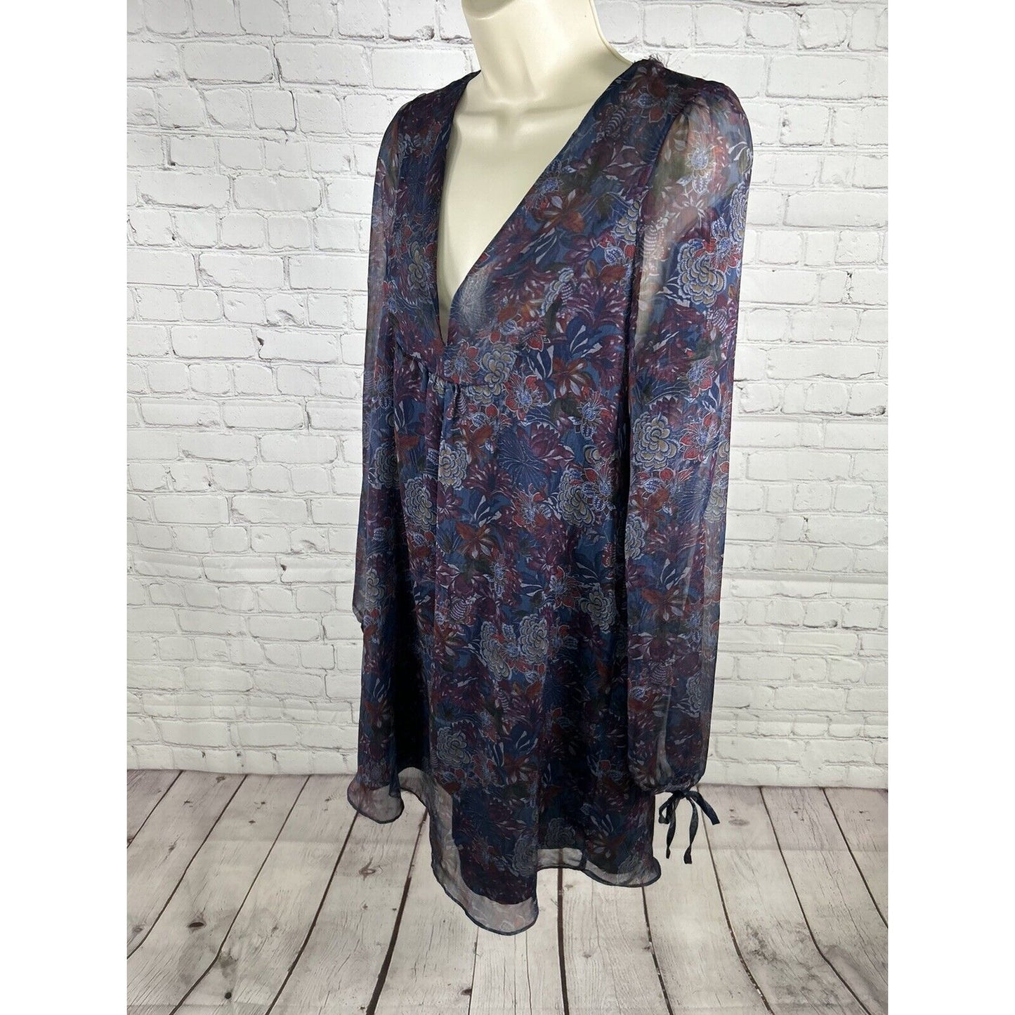 Zara Woman Blue Floral Semi Sheer Long Sleeve Lined V Neck Dress Medium *sm hole