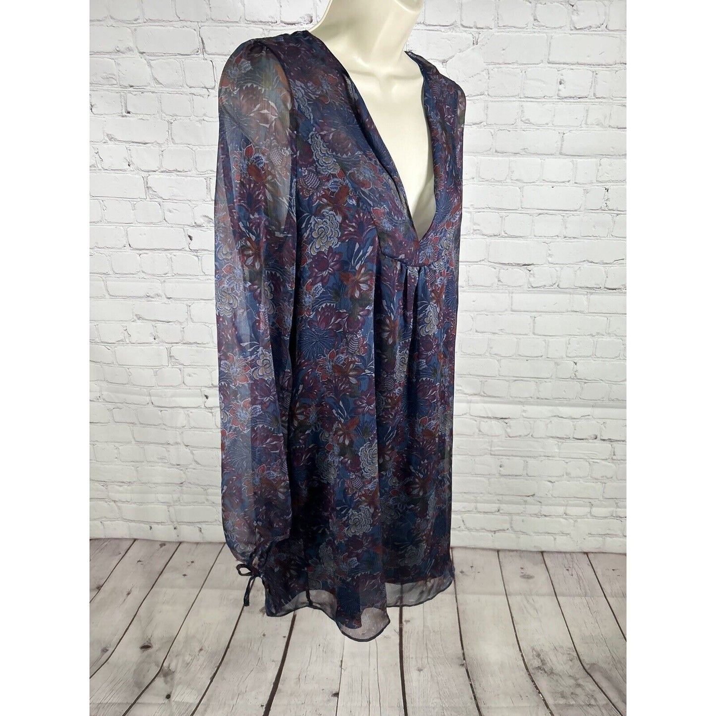 Zara Woman Blue Floral Semi Sheer Long Sleeve Lined V Neck Dress Medium *sm hole