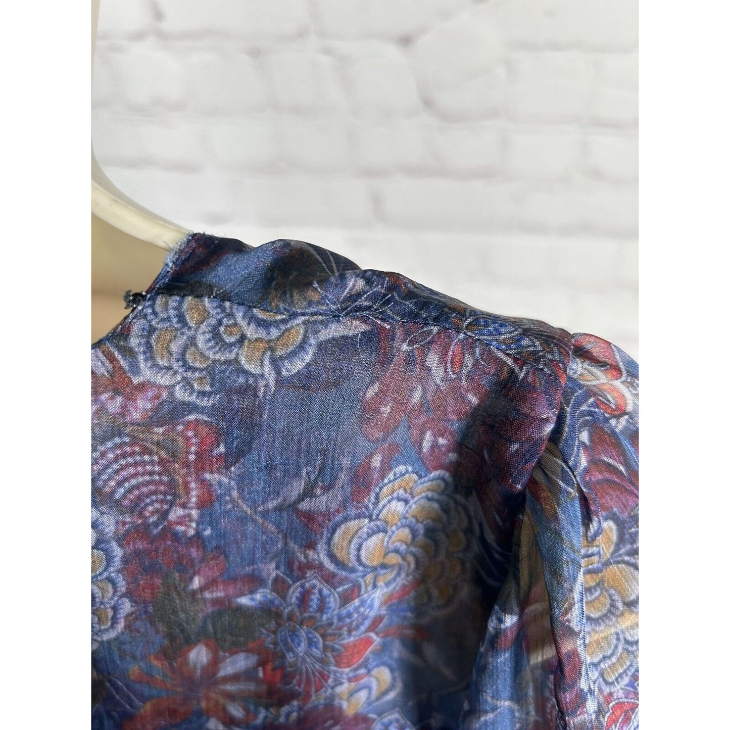 Zara Woman Blue Floral Semi Sheer Long Sleeve Lined V Neck Dress Medium *sm hole