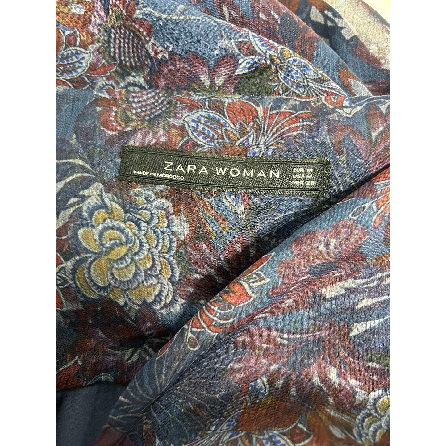 Zara Woman Blue Floral Semi Sheer Long Sleeve Lined V Neck Dress Medium *sm hole