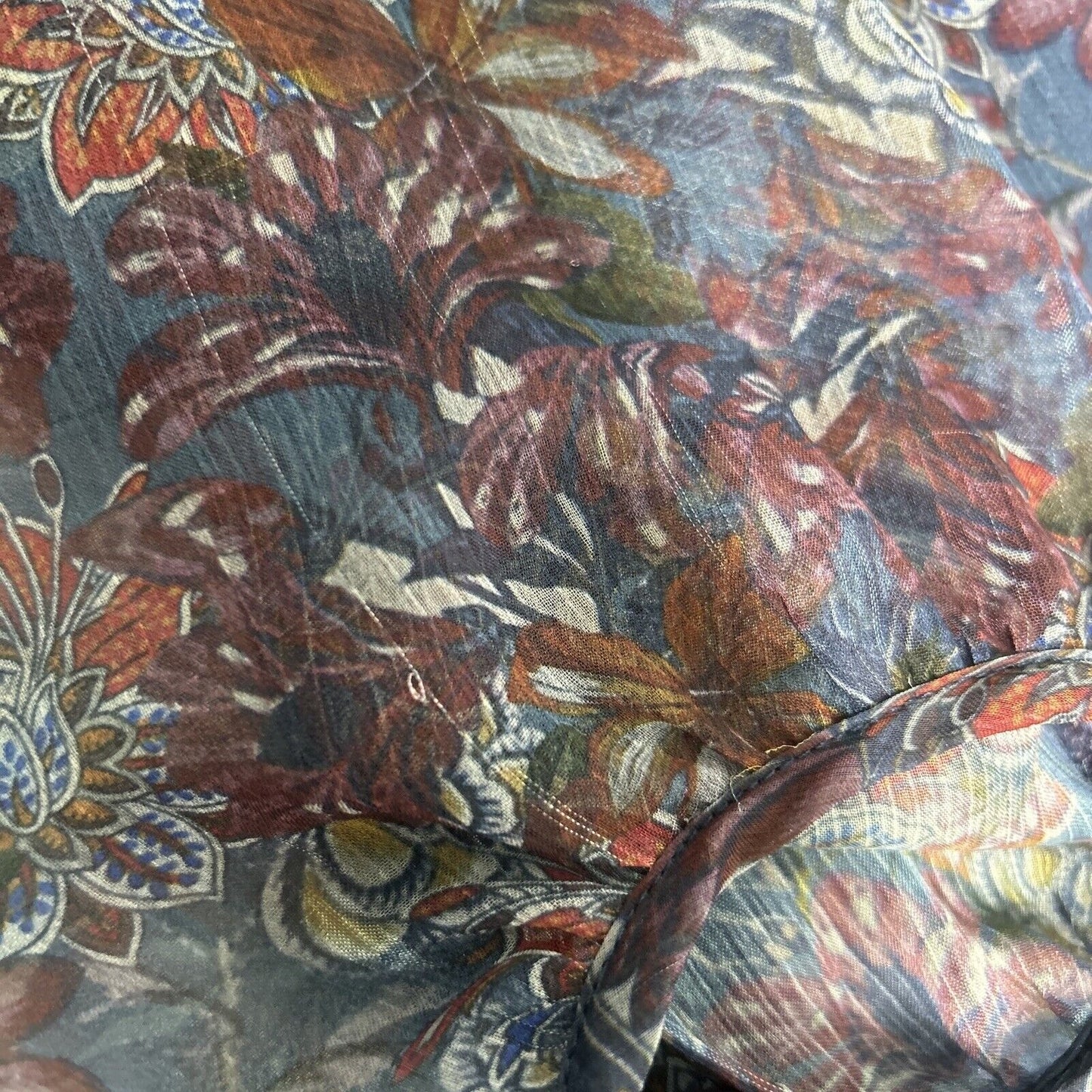 Zara Woman Blue Floral Semi Sheer Long Sleeve Lined V Neck Dress Medium *sm hole