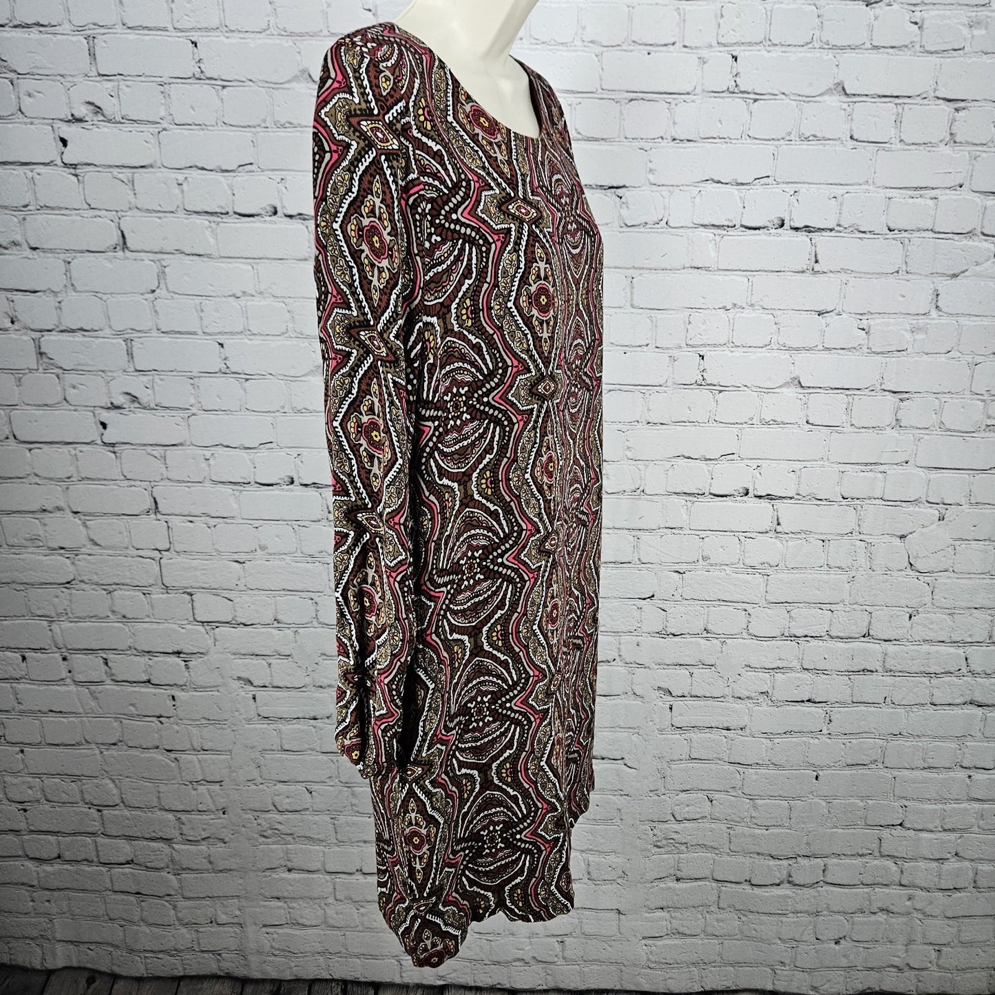 Prana Multicolor Medallion Cece Shift Print Long Sleeve Lined Short Dress Large