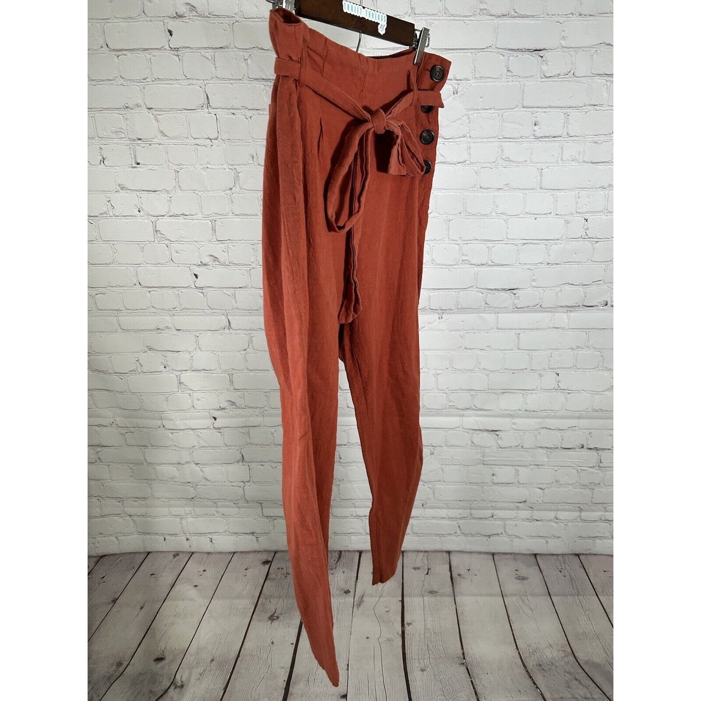 CAGE Orange Pleated Button Up Side Belted High Rise Women’s Pants (30 x 25.5)
