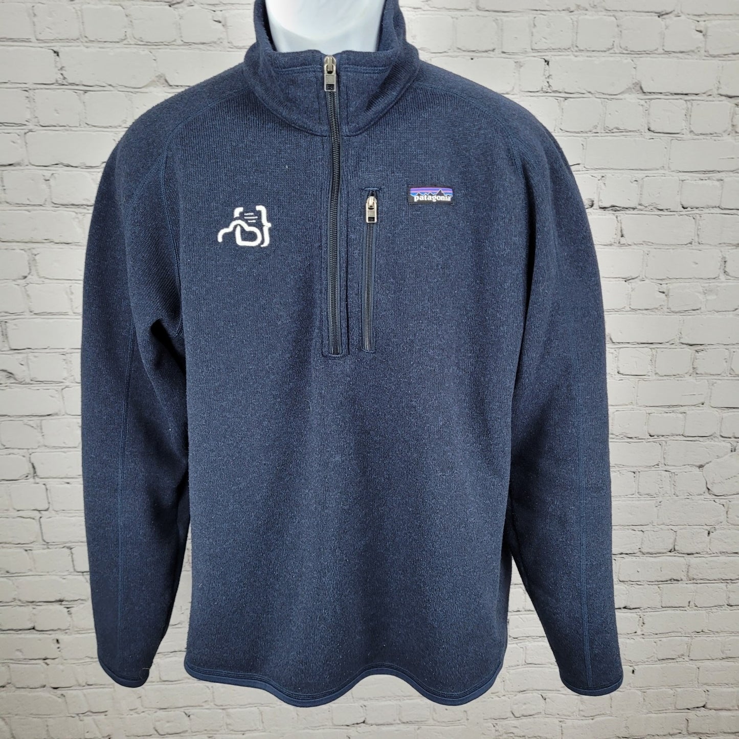 Patagonia Navy Knit Fleece Lined 1/4 Zip Logo Pullover Sweater Size Large L
