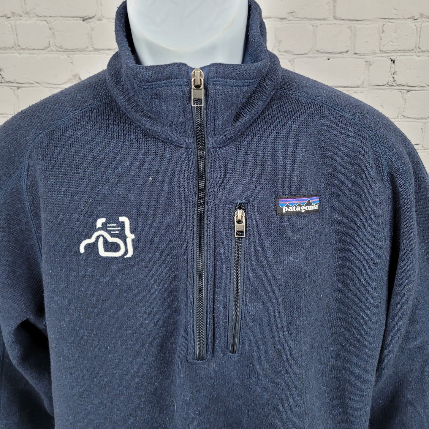 Patagonia Navy Knit Fleece Lined 1/4 Zip Logo Pullover Sweater Size Large L