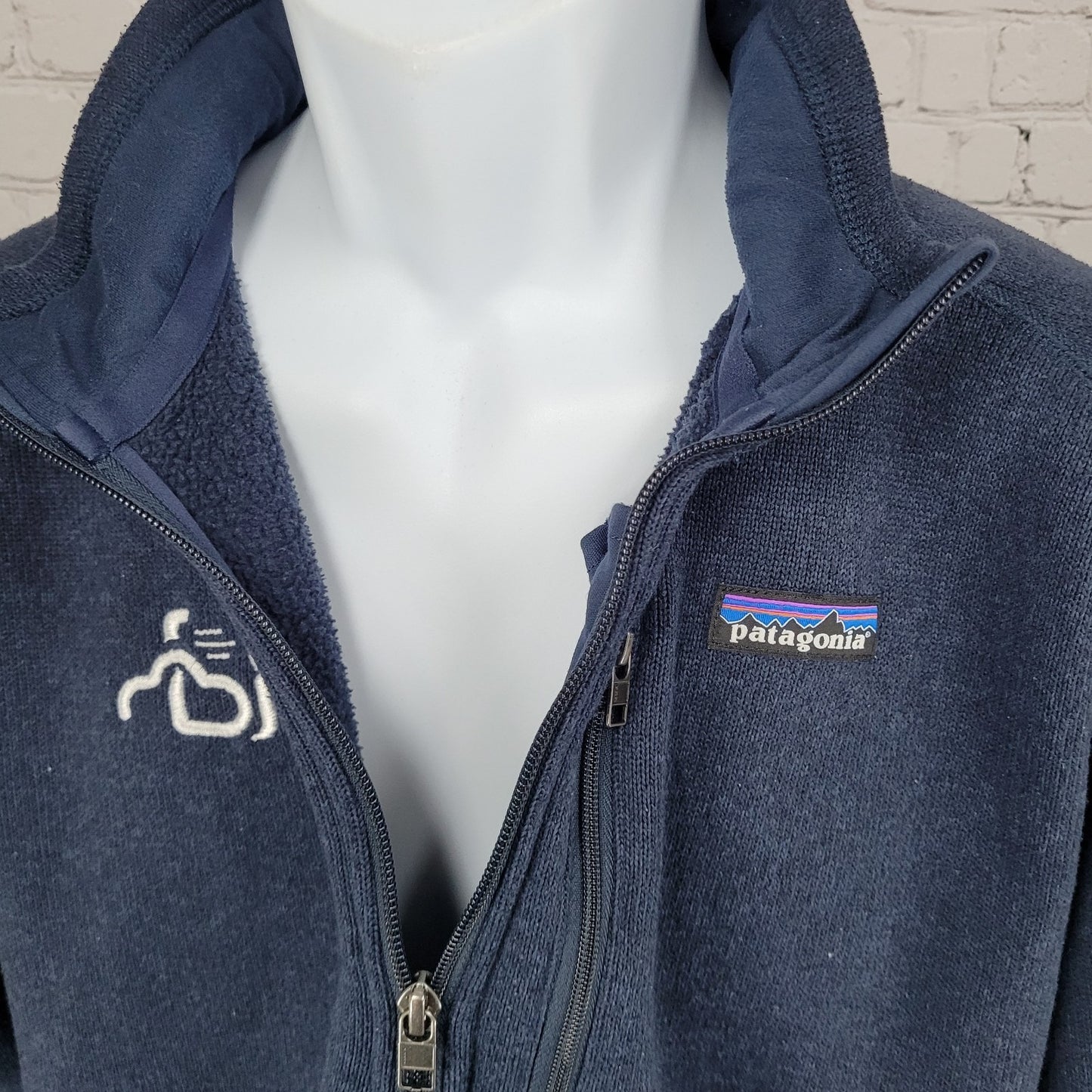 Patagonia Navy Knit Fleece Lined 1/4 Zip Logo Pullover Sweater Size Large L